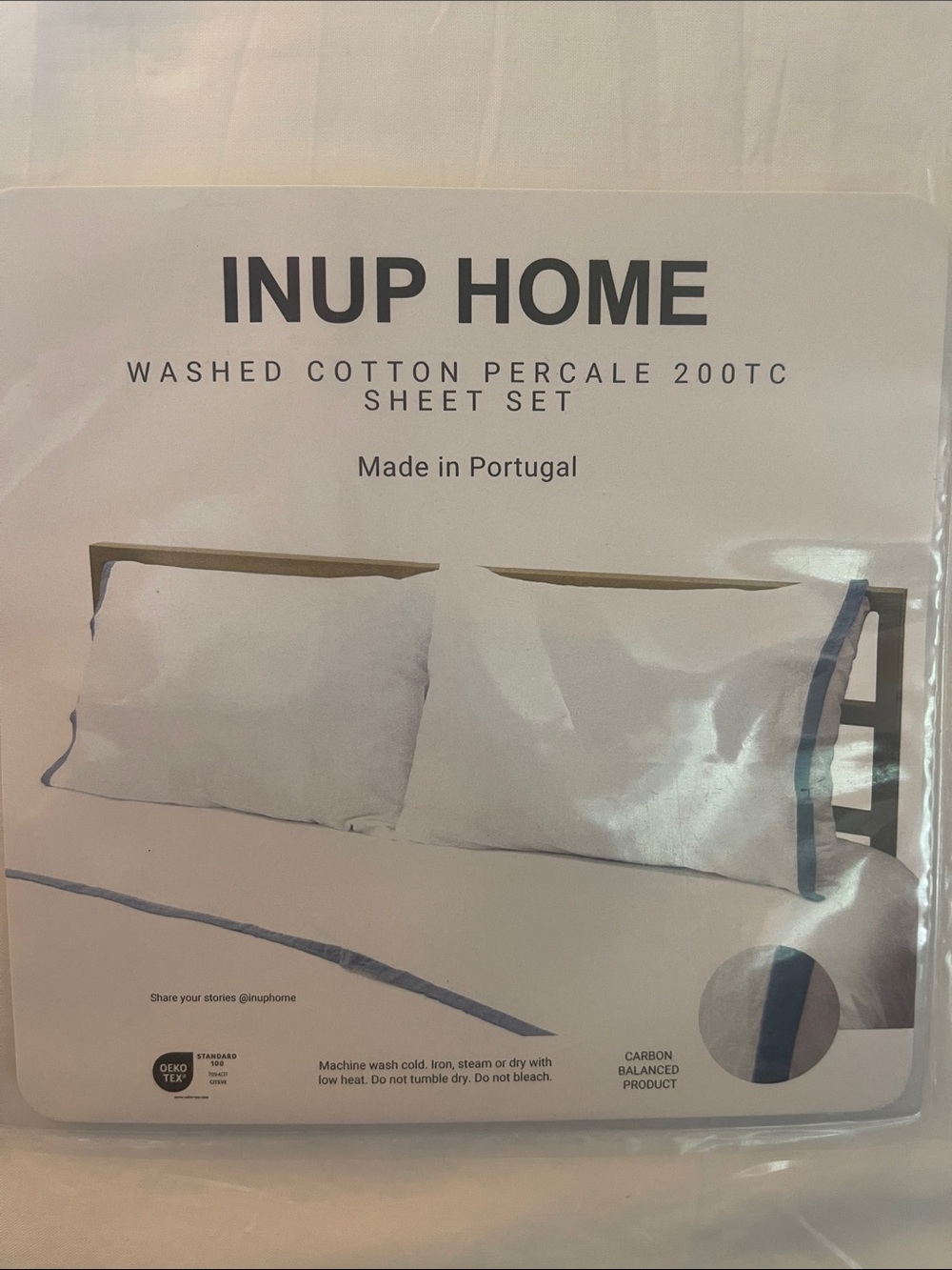 INUP HOME White Cotton Percale Sheet Set with Blue-Grey Trim - Picture 5 of 5